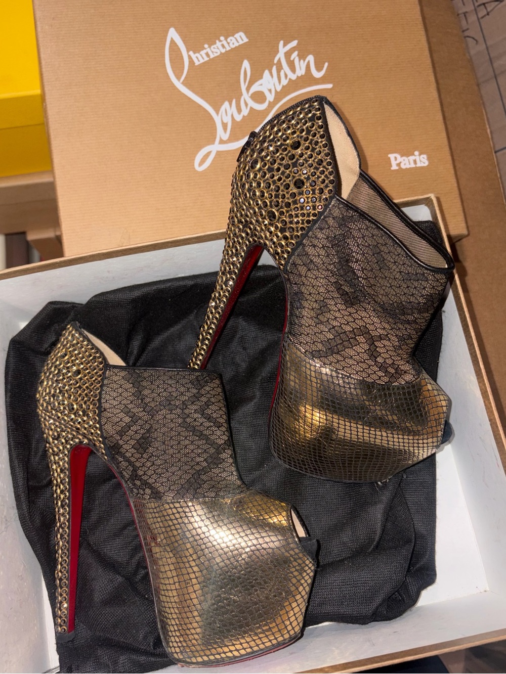 Christian Louboutin Gold & Black Snake-Print Platform Booties *rare*